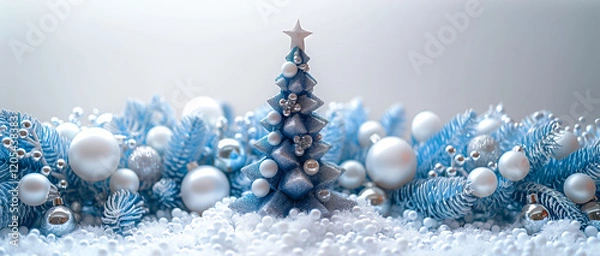 Fototapeta A miniature blue Christmas tree surrounded by festive ornaments and snow, creating a winter wonderland scene.