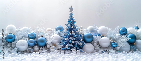 Fototapeta A miniature blue Christmas tree surrounded by festive ornaments and snow, creating a winter wonderland scene.
