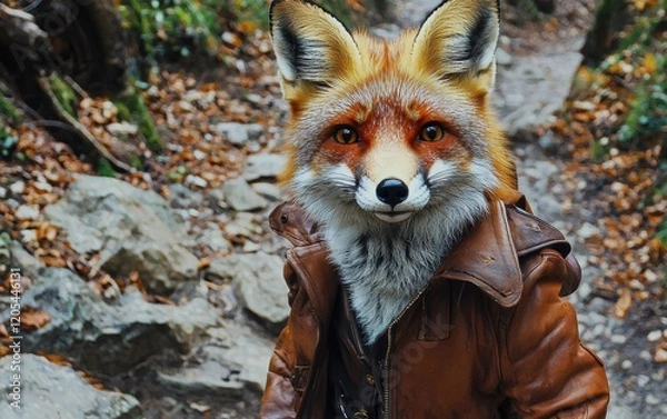 Fototapeta A curious fox in a brown leather jacket, standing on a rocky forest path background