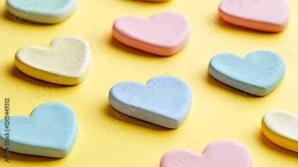 Fototapeta Pastel Heart Shaped Objects Arranged On Yellow Background