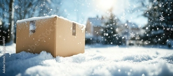Fototapeta Cardboard box sits in the snow during a winter snowfall