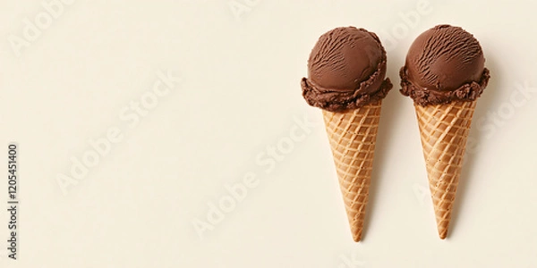 Fototapeta Chocolate ice cream cones on a beige background, mocha mousse. Summer banner concept for backdrop and wallpapers with space for text

