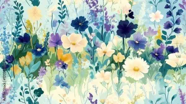 Fototapeta Wildflower Meadow Pattern, vibrant gradient of green to blue, intricate details, perfect for textiles or backgrounds, seamless design