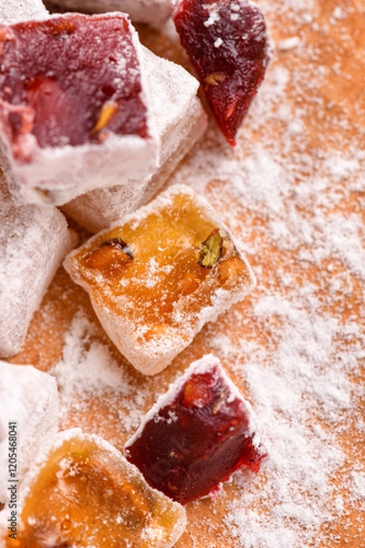 Fototapeta Sweet food Turkish delight, assorted rahat locum in form of cubes with nuts and powdered sugar, traditional food