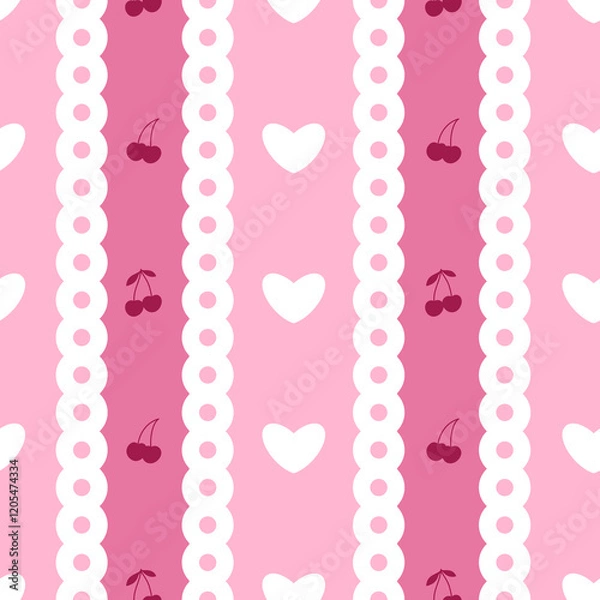 Fototapeta Cute pink stripes cherry berry and hearts seamless pattern. Abstract endless illustration of gradient pink wavy vertical stripes and white circles. Infantile style stripped hand drawn print