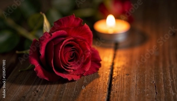 Obraz Solitary Red Rose with Glowing Candle on Rustic Wood Surface