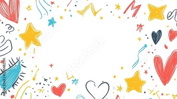 Fototapeta Colorful hand-drawn doodle border with hearts and stars on white background