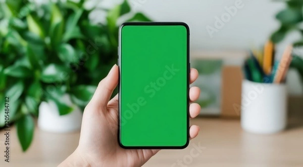 Obraz A person is holding a green phone with a green screen