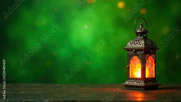 Fototapeta close-up soft focus of a Muslim lantern in warm colors on a blurred green background
