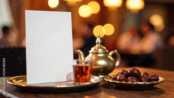 Fototapeta Close-up white card mockup with space for menu text stands on the table, next to teapot, mug of tea and dates, cafe or restaurant on blurred background, Iftar Ramadan concept 
