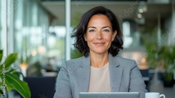 Obraz A woman is sitting at a table with a tablet and a cup