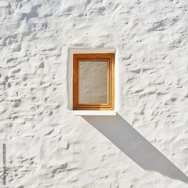 Fototapeta Small Wooden Framed Window on Whitewashed Stone Wall