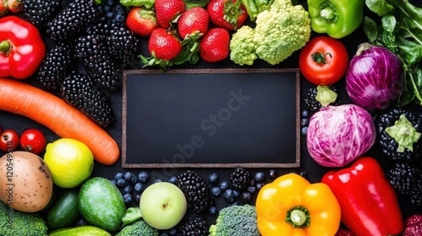 Obraz A blackboard with a blank space in the middle surrounded by a variety of fruits