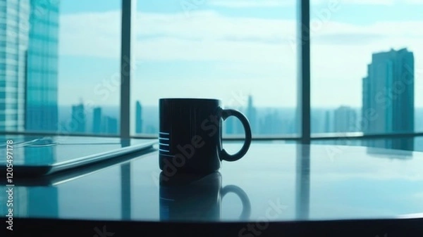 Fototapeta Ceramic Mug With Drink On Desk In Office Large Panoramic Window Office Morning Cybernetics Style Text Space