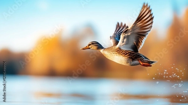 Obraz A duck is flying over a body of water