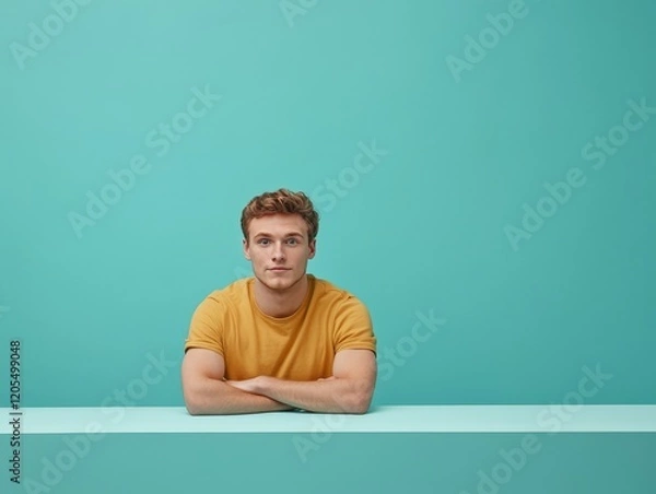 Fototapeta A young man poses thoughtfully against a solid turquoise background, arms crossed on a table.