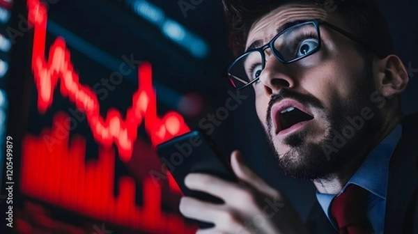 Fototapeta Young businessman holding smartphone, staring in shock at stock market graphs on screen, expressing financial anxiety and concern about investments