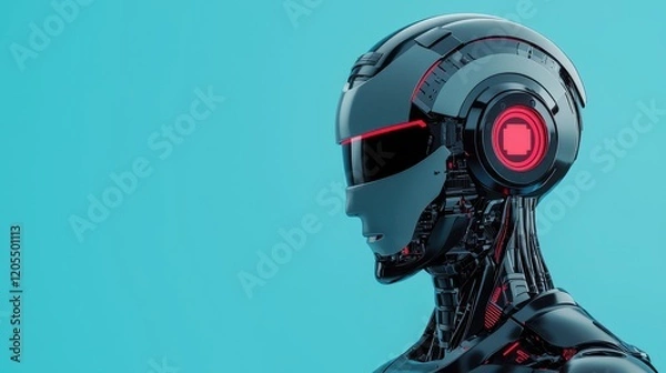 Fototapeta A futuristic robotic head with sleek design and glowing accents against a blue background.