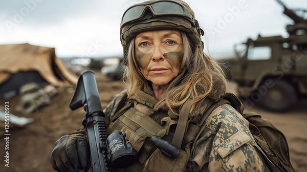 Obraz senior female soldier in full combat gear with camouflage face paint rifle, standing in military camp with vehicles in background, representing bravery, resilience, and the concept of military service