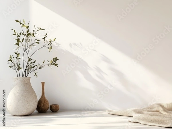 Fototapeta A serene arrangement featuring a vase with branches, wooden objects, and a soft blanket.