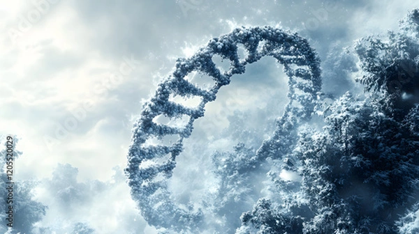 Fototapeta Mystical DNA-Like Helix Structure Emerging from a Cloudy Sky in a Serene Atmosphere
