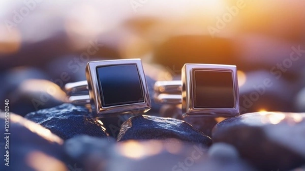 Fototapeta Modern, square-shaped cufflinks against a textured background in muted colors.