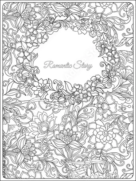 Fototapeta Adult Coloring page with vintage floral pattern and space for text.