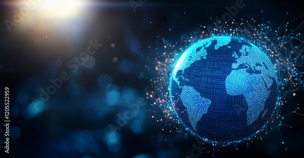 Fototapeta digital representation of Earth with global network, showcasing interconnected nodes and vibrant blue colors. This evokes sense of technology and connectivity