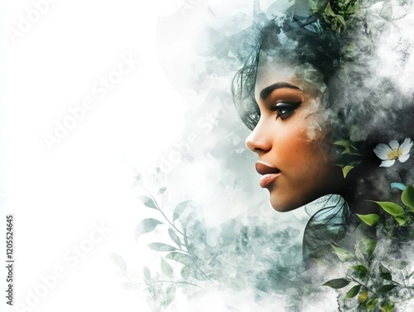 Fototapeta A profile of a woman surrounded by ethereal foliage and soft clouds.