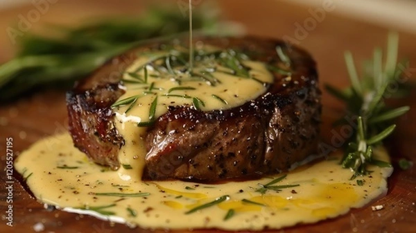 Obraz Creamy  sauce elegantly paired with a tender filet mignon.