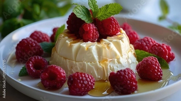 Obraz Creamy Mascarpone cheese served with honey drizzled over fresh raspberries and mint leaves.