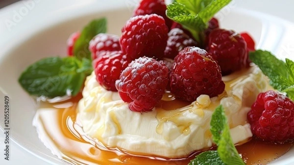 Obraz Creamy Mascarpone cheese served with honey drizzled over fresh raspberries and mint leaves.