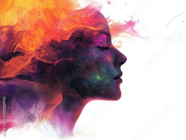 Fototapeta A vibrant silhouette of a woman's profile surrounded by colorful, swirling abstract patterns.