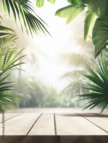 Fototapeta Lush tropical scene with a wooden platform surrounded by vibrant greenery and soft light.