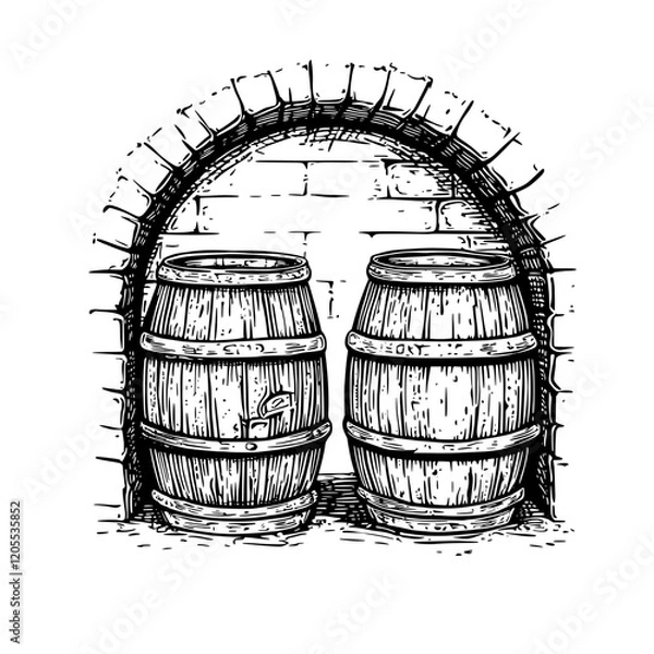 Fototapeta Crafting dreams within rustic barrels under the old stone arch in a timeless cellar