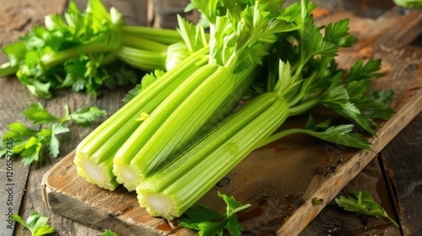 Obraz Crunchy celery, ideal for snacking, adding to soups, or as a flavorful side.