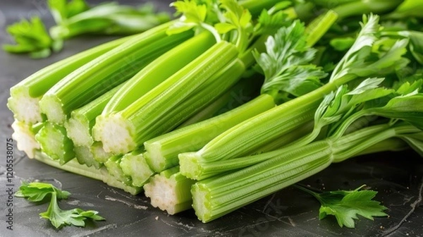 Obraz Crunchy celery, ideal for snacking, adding to soups, or as a flavorful side.