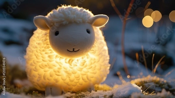 Obraz Cute sheep-shaped lamp with a fluffy body emitting a gentle light.