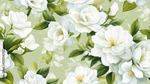 Fototapeta Gardenia Elegance, intricate white gardenias on a soft green backdrop, perfect for textiles and wallpaper designs, seamless and harmonious