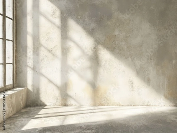 Fototapeta A sunlit, empty room with textured walls and large windows casting shadows.