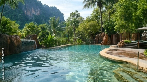 Fototapeta Tropical resort swimming pool with mountain backdrop offering serene vacation vibes