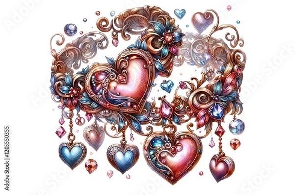 Obraz Luxurious composition of heart-shaped jewelry with gemstones and intricate golden details. Perfect for Valentine's Day, romance, or luxury-themed designs.