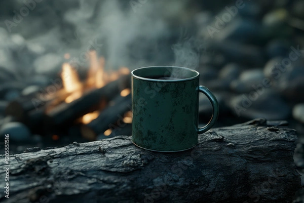 Fototapeta Warm coffee mug resting on a log near a glowing campfire in a serene outdoor setting