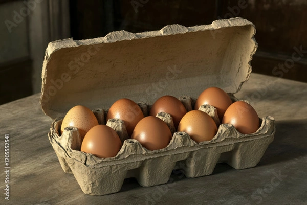 Fototapeta Fresh brown eggs arranged in a carton resting on a wooden table in a rustic kitchen setting