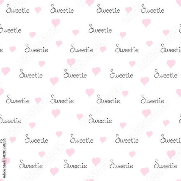 Fototapeta Seamless romantic pattern with elegant black script and soft pink hearts on a white background. Minimalist and charming design is ideal for Valentine s Day projects, greeting cards, wrapping paper