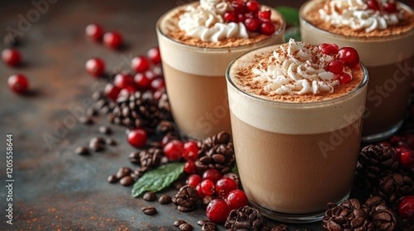 Fototapeta Cups of coffee with cranberries on a rustic table