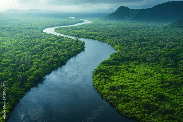 Obraz Serpentine River Flows Through Lush Green Tropical Rainforest