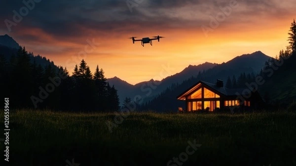 Fototapeta A breathtaking sunset view of a modern cabin in the mountains, with a drone flying above amidst vibrant colors and tranquil nature.