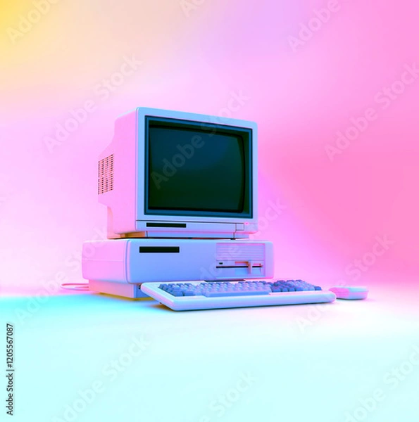 Fototapeta Retro Desktop PC with Empty Screen in Pastel Neon Lighting. 3D Rendering.