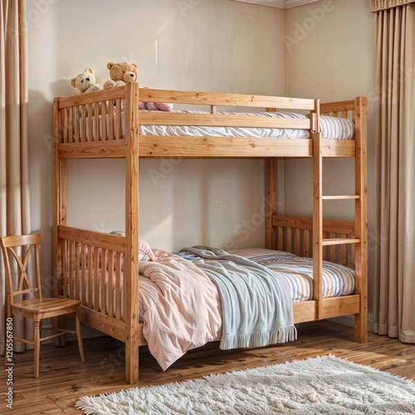Fototapeta The image shows a cozy bedroom with a wooden bunk bed featuring a ladder on the right side. The top bunk is adorned with a beige pillow and two teddy bears, while the bottom bunk has a pink comforter 